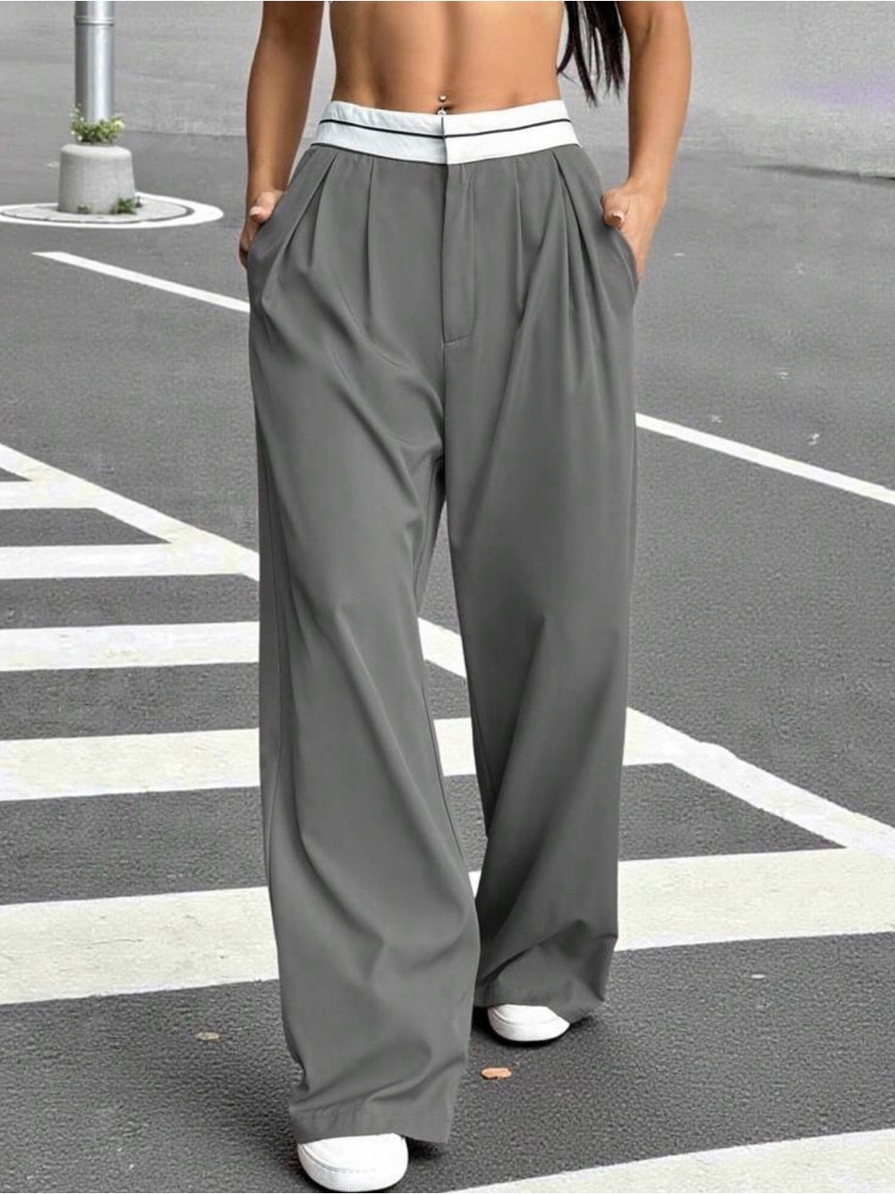 Petite Wide-Leg High-Rise Women's Pants in Gray with White Waistband
